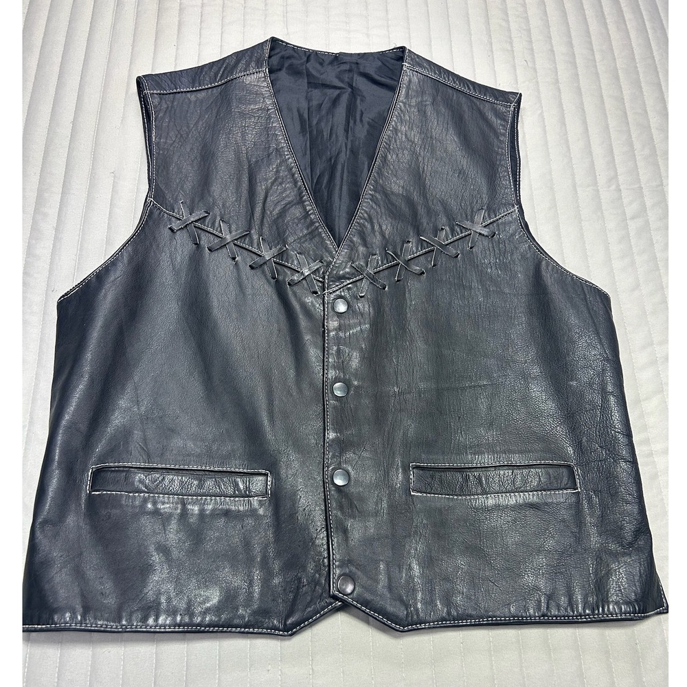 Mens Black Leather Biker Vest Whipstitch Detail Snap Front Sleeveless Jacket XXL